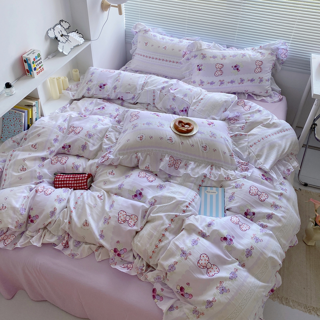 91家纺网 家纺一手货源 找家纺 芷凡家纺2025新款A类加厚超柔水洗棉花边款韩式四件套-风格二 芝士葡萄