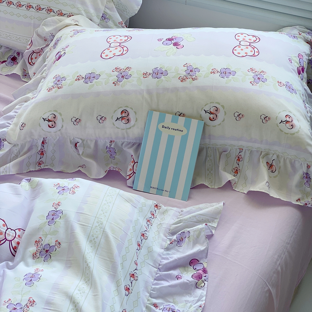 91家纺网 家纺一手货源 找家纺 芷凡家纺2025新款A类加厚超柔水洗棉花边款韩式四件套-风格二 芝士葡萄