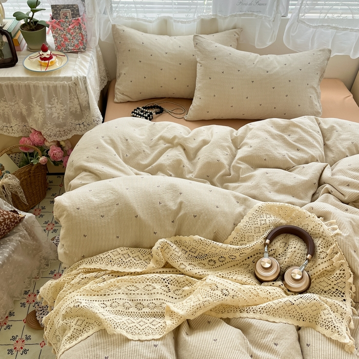 卡迪熊家纺 2025新款超柔云感m印花双层纱四件套 爱心条纹