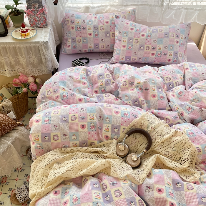 卡迪熊家纺 2025新款超柔云感m印花双层纱四件套 格格猫咪