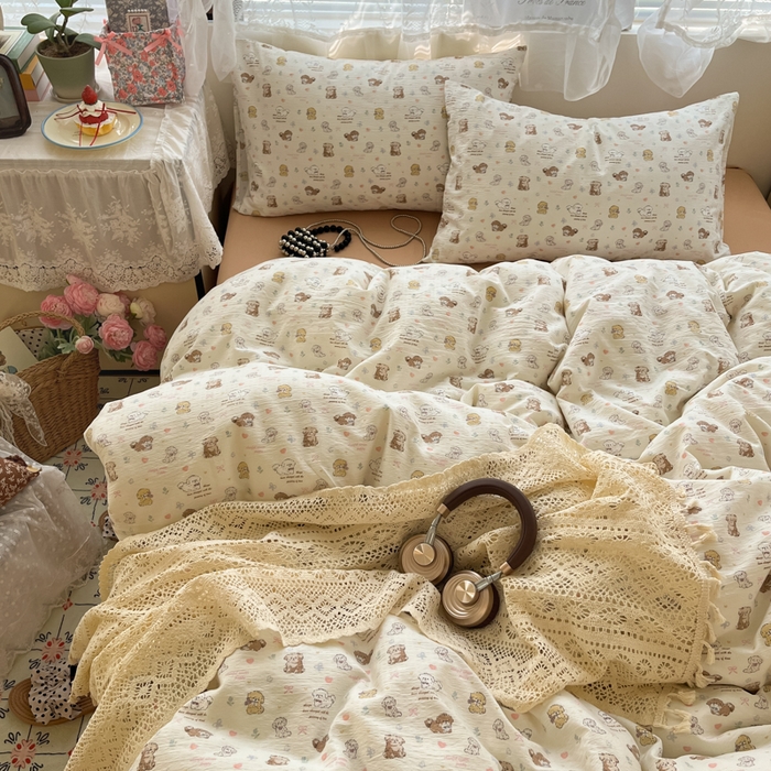 卡迪熊家纺 2025新款超柔云感m印花双层纱四件套 狗狗聚会