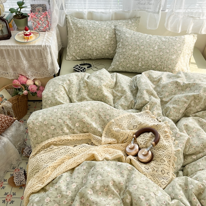 卡迪熊家纺 2025新款超柔云感m印花双层纱四件套 花丛小兔