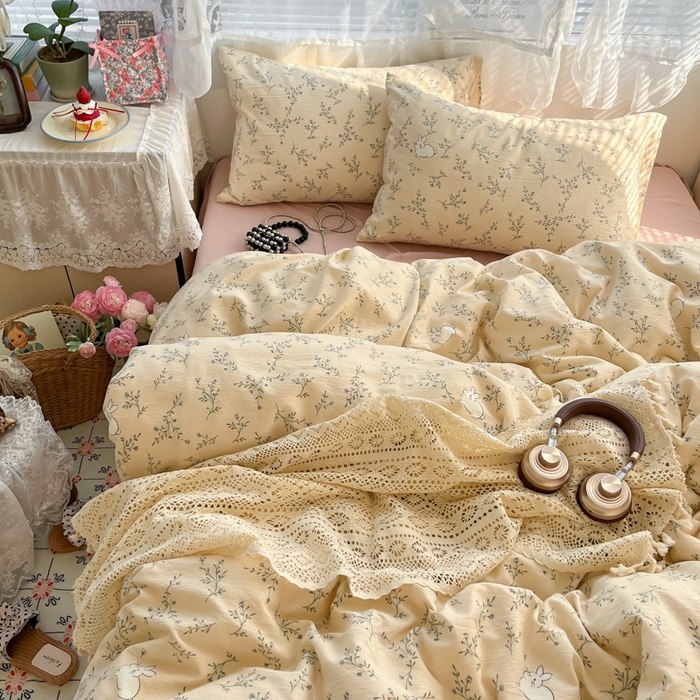 卡迪熊家纺 2025新款超柔云感m印花双层纱四件套 迷路兔兔