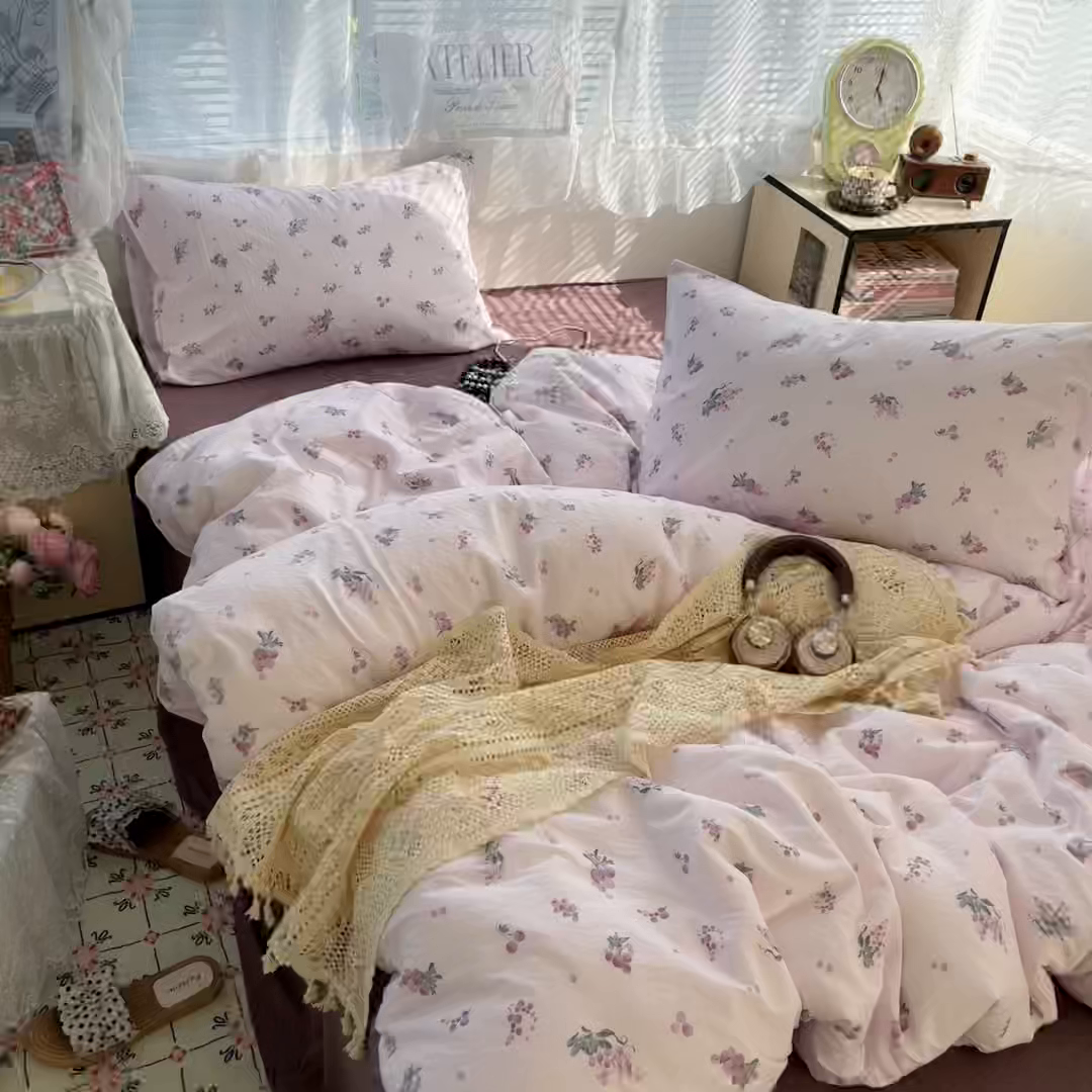 91家纺网 家纺一手货源 找家纺 卡迪熊家纺 2025新款超柔云感m印花双层纱四件套 紫气葡萄