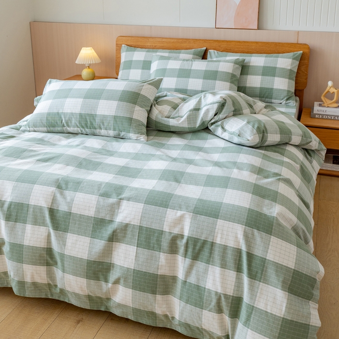 91家纺网 家纺一手货源 找家纺 居美良品 2025新款100%全棉色织老粗布四件套 素雅-绿格