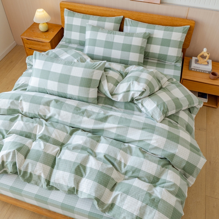 91家纺网 家纺一手货源 找家纺 居美良品 2025新款100%全棉色织老粗布四件套 素雅-绿格