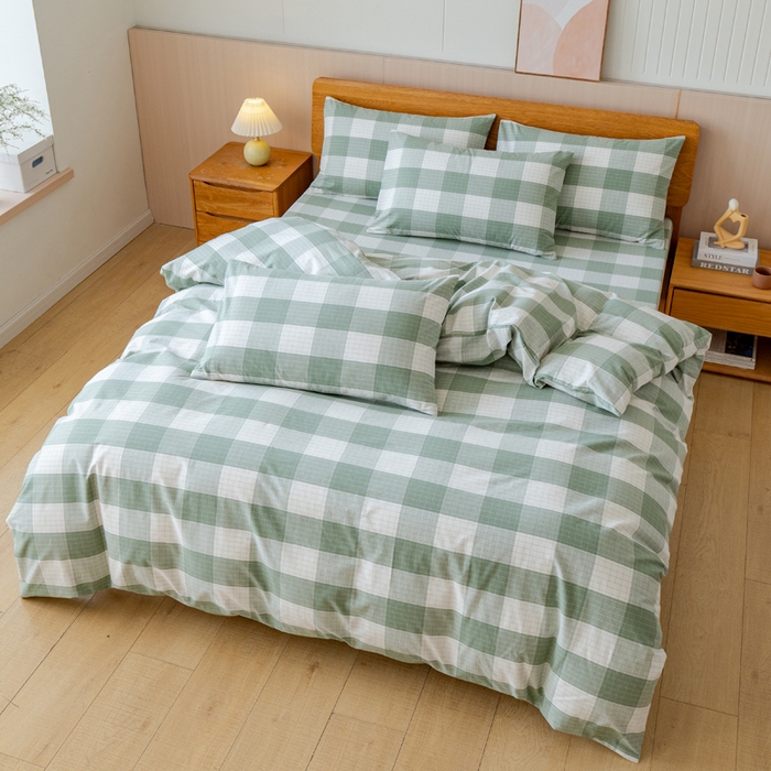 91家纺网 家纺一手货源 找家纺 居美良品 2025新款100%全棉色织老粗布四件套 素雅-绿格