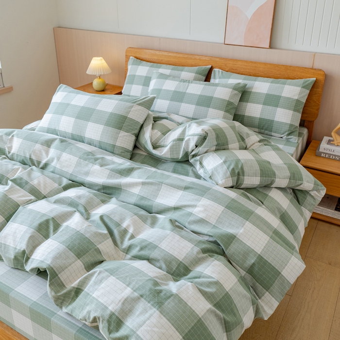 91家纺网 家纺一手货源 找家纺 居美良品 2025新款100%全棉色织老粗布四件套 素雅-绿格