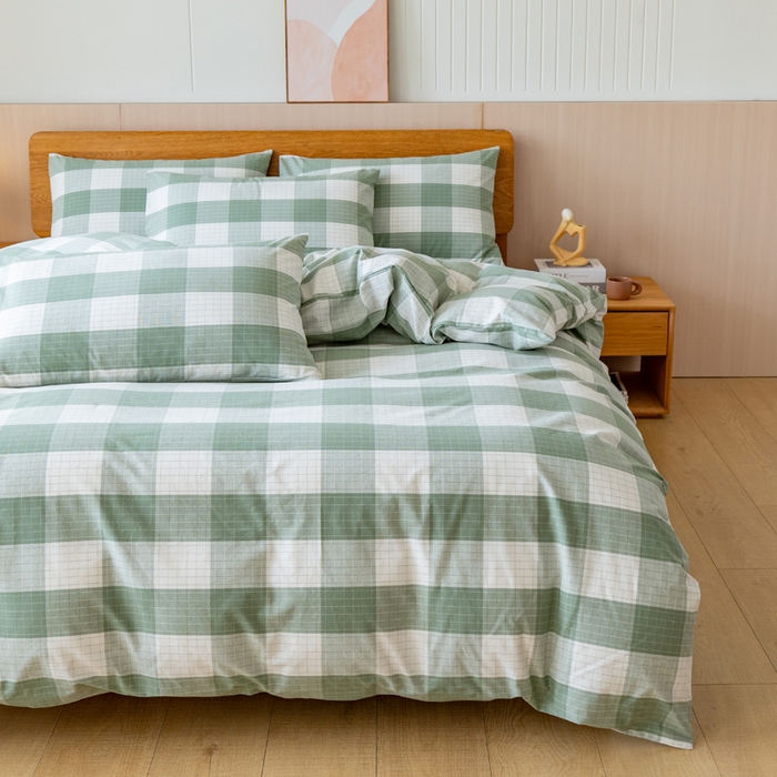 91家纺网 家纺一手货源 找家纺 居美良品 2025新款100%全棉色织老粗布四件套 素雅-绿格