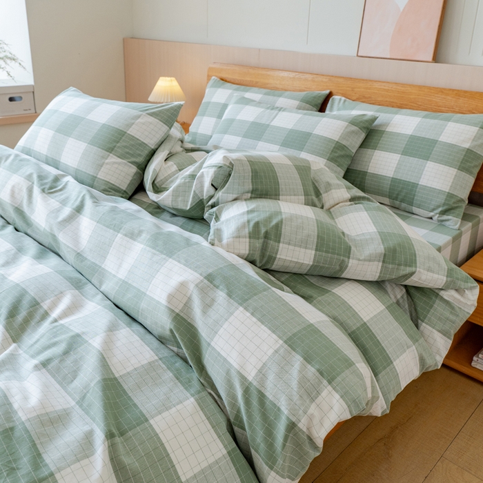 91家纺网 家纺一手货源 找家纺 居美良品 2025新款100%全棉色织老粗布四件套 素雅-绿格