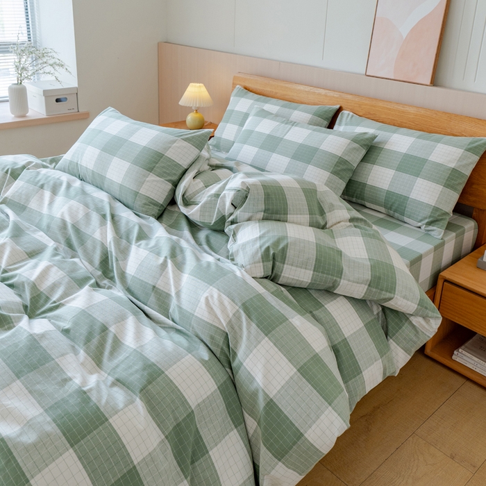 91家纺网 家纺一手货源 找家纺 居美良品 2025新款100%全棉色织老粗布四件套 素雅-绿格