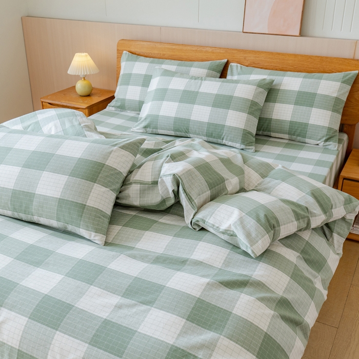 91家纺网 家纺一手货源 找家纺 居美良品 2025新款100%全棉色织老粗布四件套 素雅-绿格