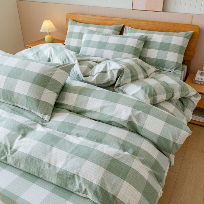 91家纺网 家纺一手货源 找家纺 居美良品 2025新款100%全棉色织老粗布四件套 素雅-绿格