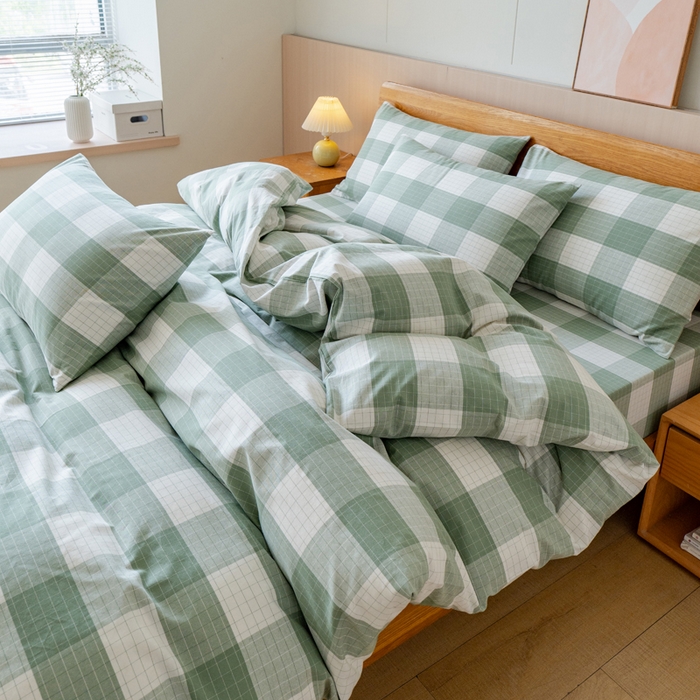 91家纺网 家纺一手货源 找家纺 居美良品 2025新款100%全棉色织老粗布四件套 素雅-绿格