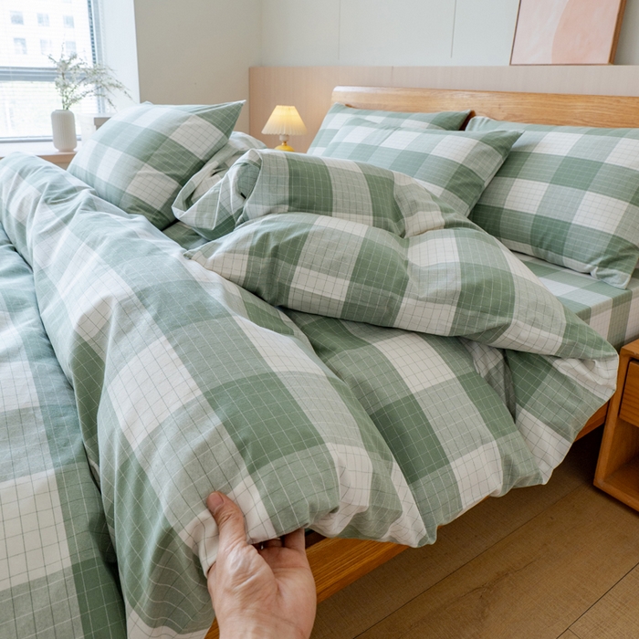 91家纺网 家纺一手货源 找家纺 居美良品 2025新款100%全棉色织老粗布四件套 素雅-绿格