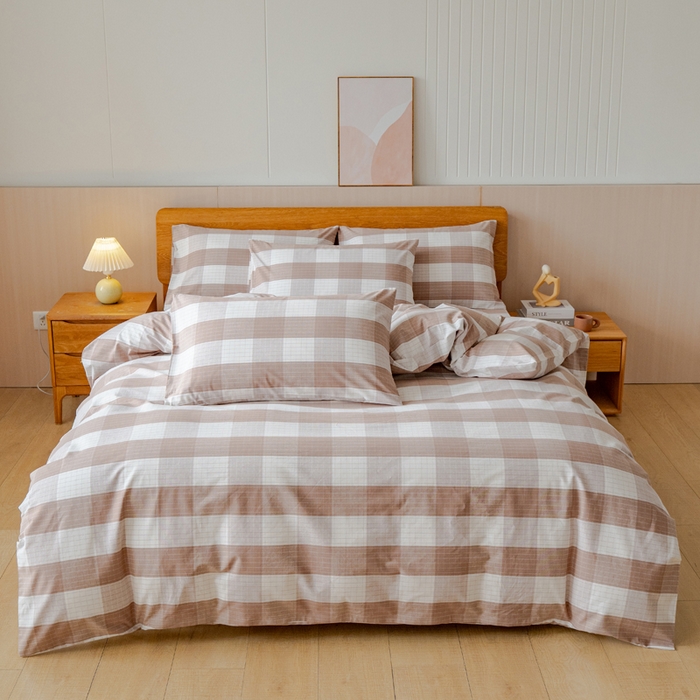 91家纺网 家纺一手货源 找家纺 居美良品 2025新款100%全棉色织老粗布四件套 素雅-咖格