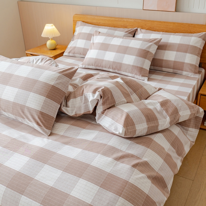 91家纺网 家纺一手货源 找家纺 居美良品 2025新款100%全棉色织老粗布四件套 素雅-咖格