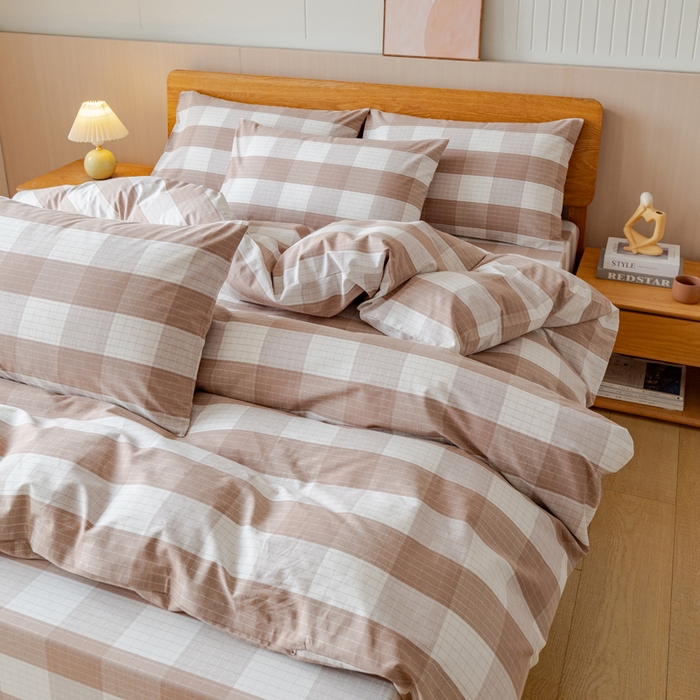 91家纺网 家纺一手货源 找家纺 居美良品 2025新款100%全棉色织老粗布四件套 素雅-咖格