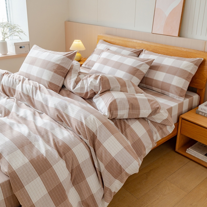 91家纺网 家纺一手货源 找家纺 居美良品 2025新款100%全棉色织老粗布四件套 素雅-咖格