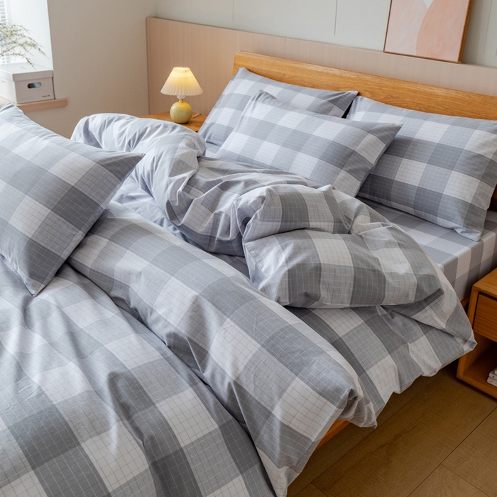 91家纺网 家纺一手货源 找家纺 居美良品 2025新款100%全棉色织老粗布四件套 素雅-灰格