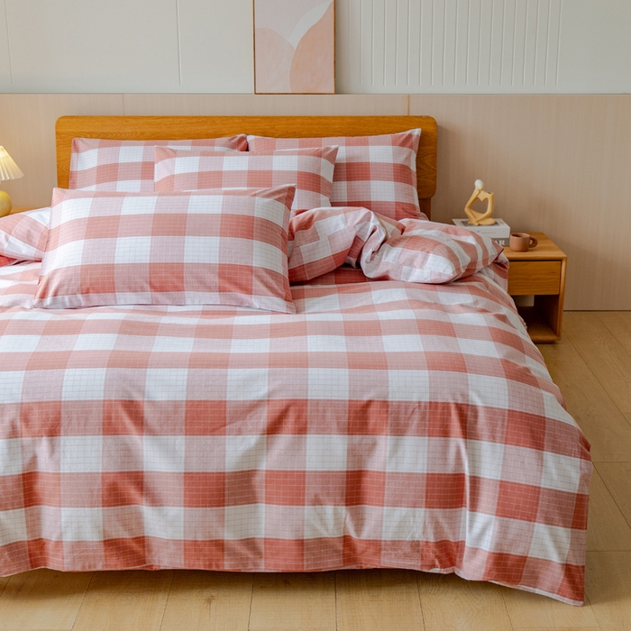 91家纺网 家纺一手货源 找家纺 居美良品 2025新款100%全棉色织老粗布四件套 素雅-粉格