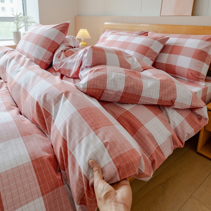 91家纺网 家纺一手货源 找家纺 居美良品 2025新款100%全棉色织老粗布四件套 素雅-粉格