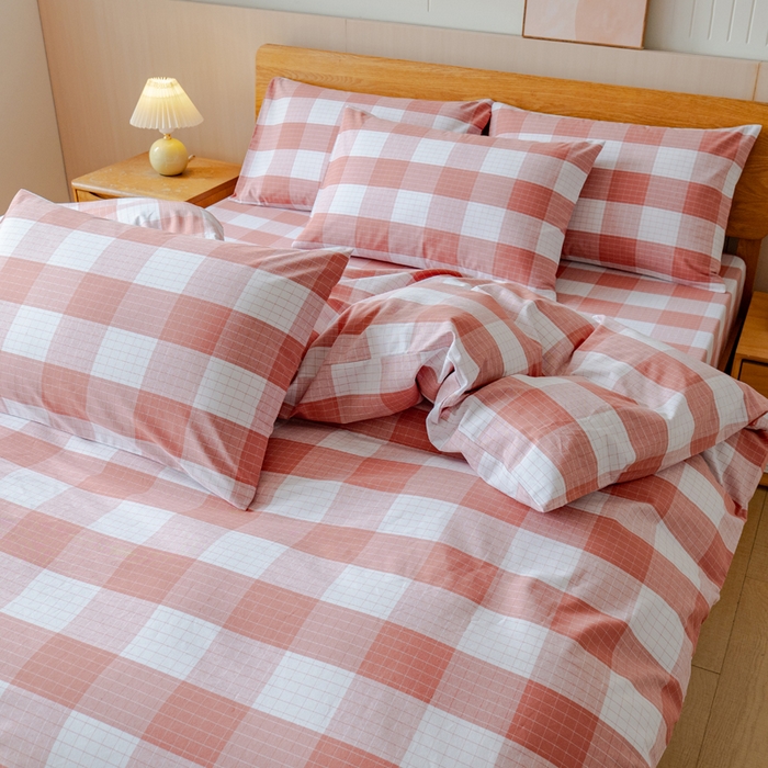 91家纺网 家纺一手货源 找家纺 居美良品 2025新款100%全棉色织老粗布四件套 素雅-粉格