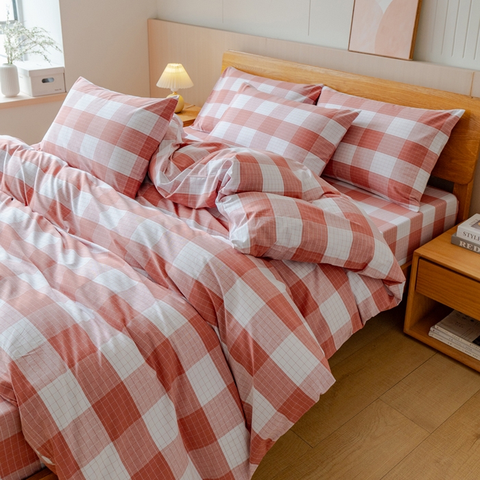 91家纺网 家纺一手货源 找家纺 居美良品 2025新款100%全棉色织老粗布四件套 素雅-粉格