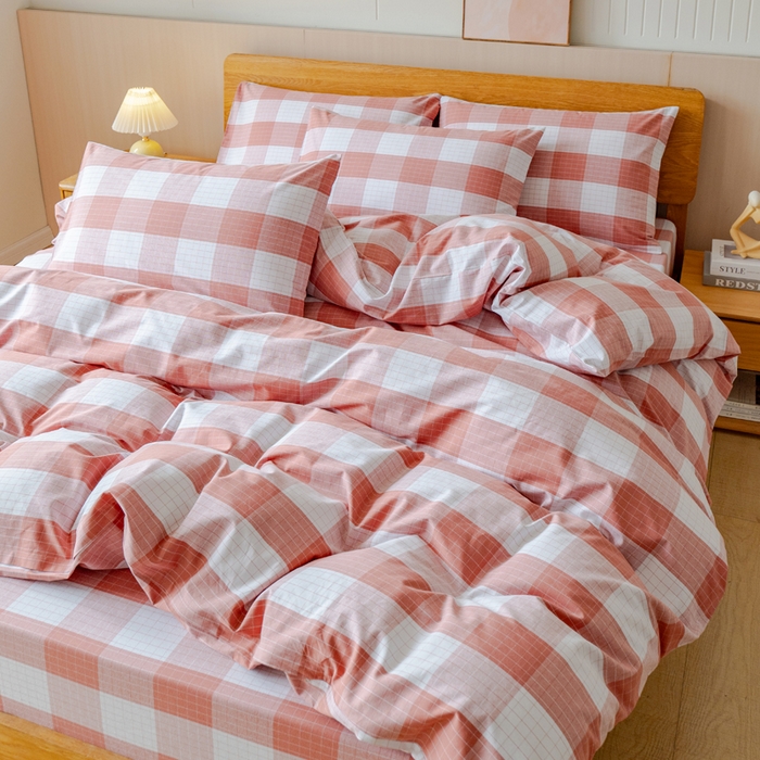 91家纺网 家纺一手货源 找家纺 居美良品 2025新款100%全棉色织老粗布四件套 素雅-粉格