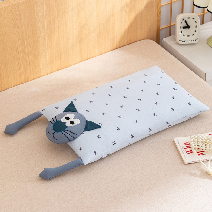 芯洲2025新款全棉双层纱荞麦枕卡通可爱工艺款抱枕枕头枕芯 嘻哈猫-蓝35x55