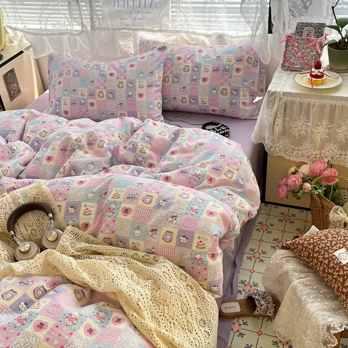 91家纺网 家纺一手货源 找家纺 彩韵家纺 2025新款超柔云感m印花双层纱四件套 格格猫咪