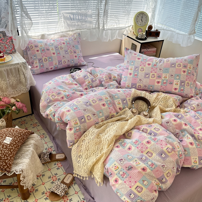 91家纺网 家纺一手货源 找家纺 彩韵家纺 2025新款超柔云感m印花双层纱四件套 格格猫咪