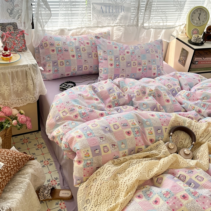 91家纺网 家纺一手货源 找家纺 彩韵家纺 2025新款超柔云感m印花双层纱四件套 格格猫咪