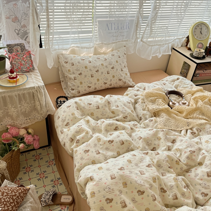 91家纺网 家纺一手货源 找家纺 彩韵家纺 2025新款超柔云感m印花双层纱四件套 狗狗聚会