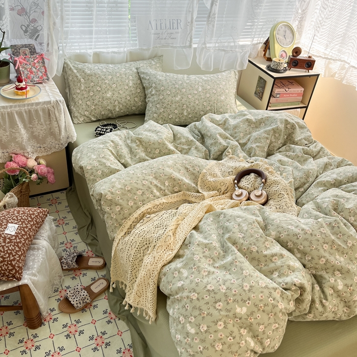 91家纺网 家纺一手货源 找家纺 彩韵家纺 2025新款超柔云感m印花双层纱四件套 花丛小兔