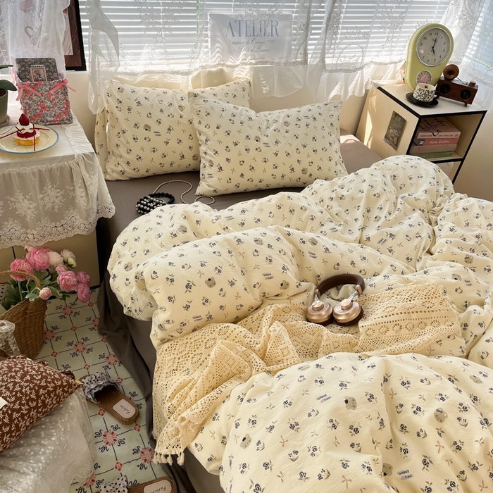 91家纺网 家纺一手货源 找家纺 彩韵家纺 2025新款超柔云感m印花双层纱四件套 快乐时光