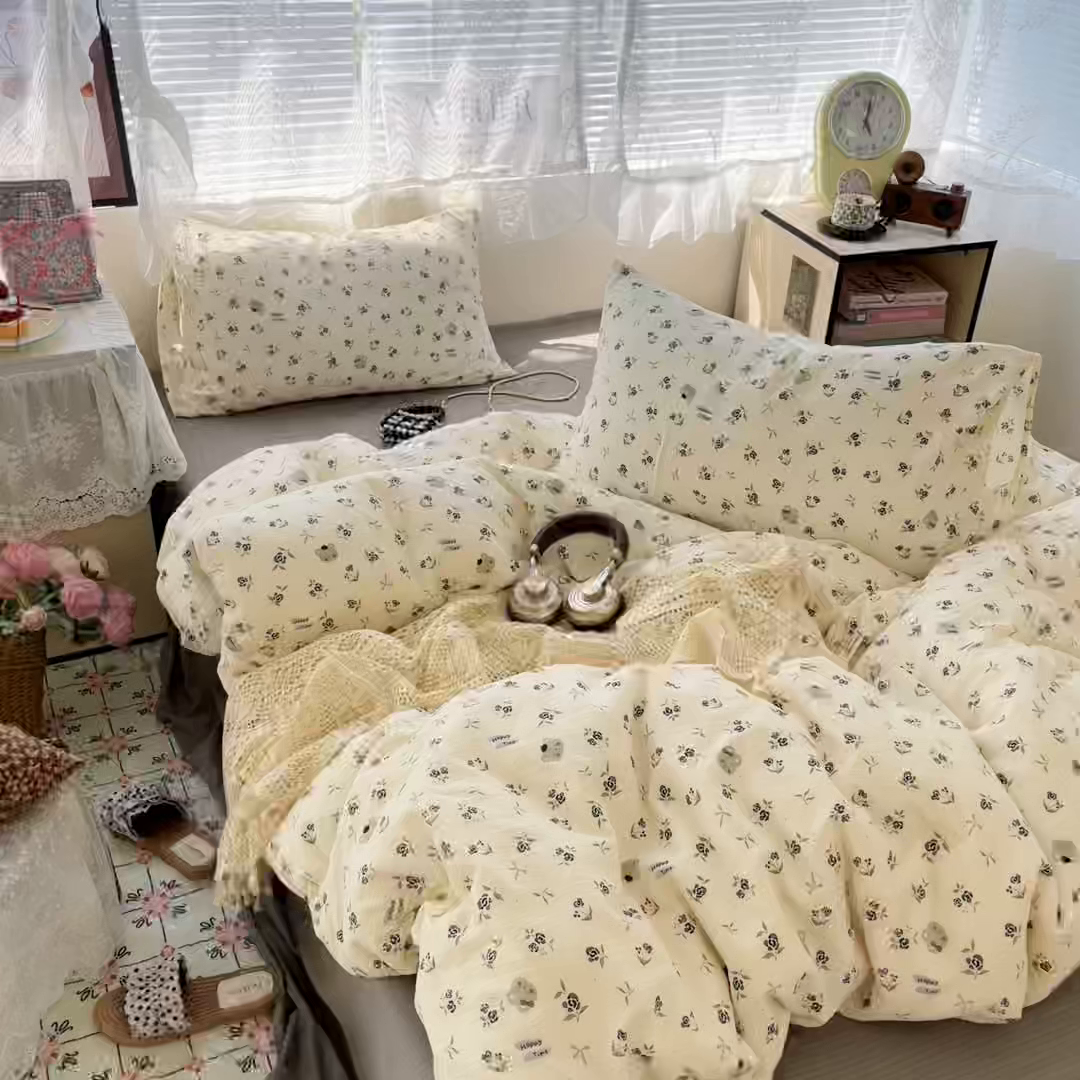 91家纺网 家纺一手货源 找家纺 彩韵家纺 2025新款超柔云感m印花双层纱四件套 快乐时光