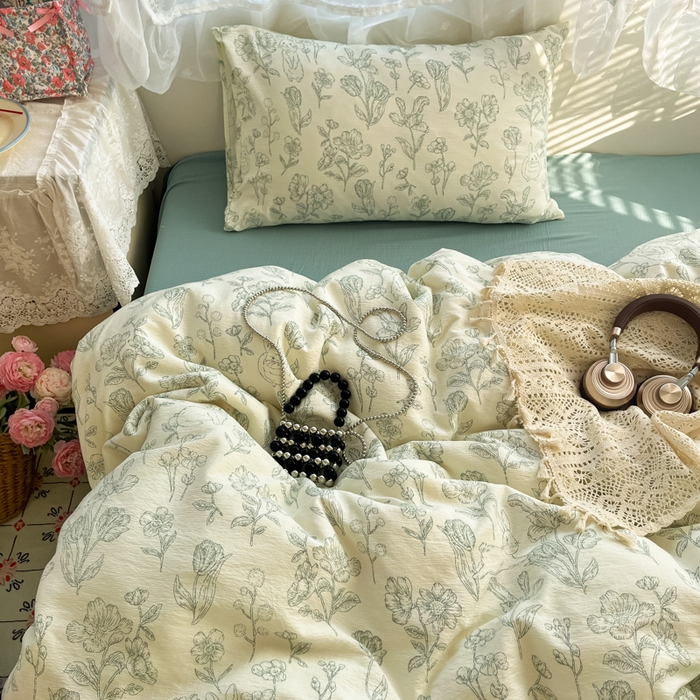 91家纺网 家纺一手货源 找家纺 彩韵家纺 2025新款超柔云感m印花双层纱四件套 落英缤纷