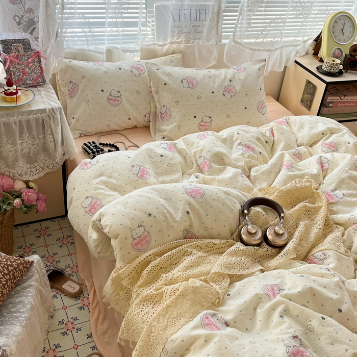 91家纺网 家纺一手货源 找家纺 彩韵家纺 2025新款超柔云感m印花双层纱四件套 萌新猫咪