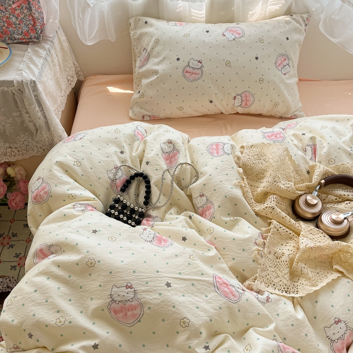 91家纺网 家纺一手货源 找家纺 彩韵家纺 2025新款超柔云感m印花双层纱四件套 萌新猫咪