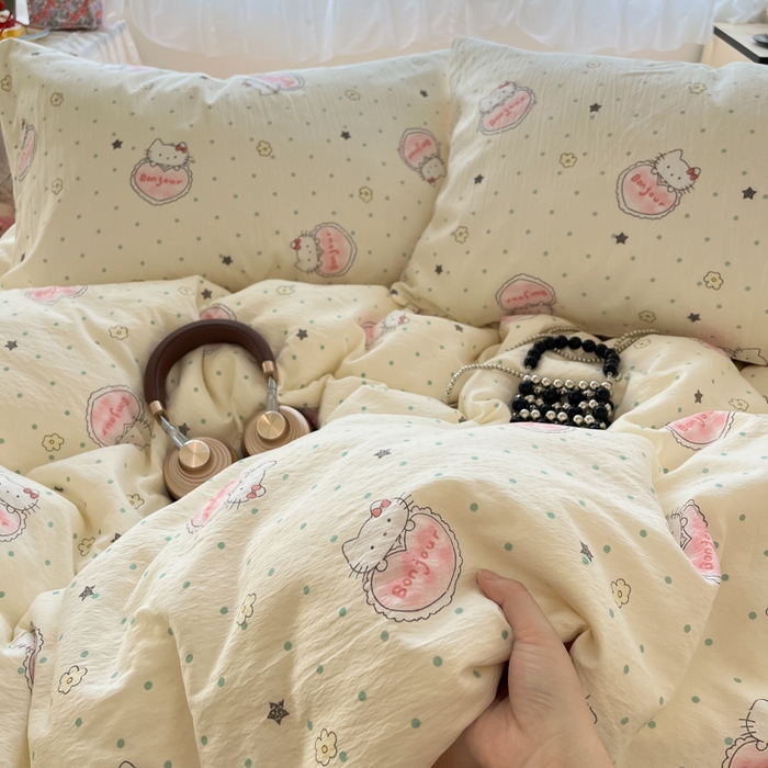 91家纺网 家纺一手货源 找家纺 彩韵家纺 2025新款超柔云感m印花双层纱四件套 萌新猫咪