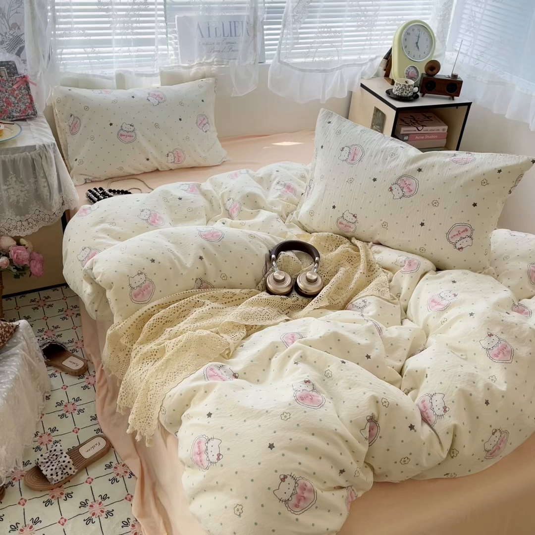 91家纺网 家纺一手货源 找家纺 彩韵家纺 2025新款超柔云感m印花双层纱四件套 萌新猫咪