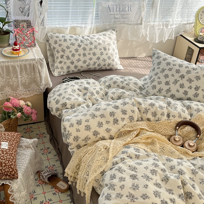 91家纺网 家纺一手货源 找家纺 彩韵家纺 2025新款超柔云感m印花双层纱四件套 桃花朵朵