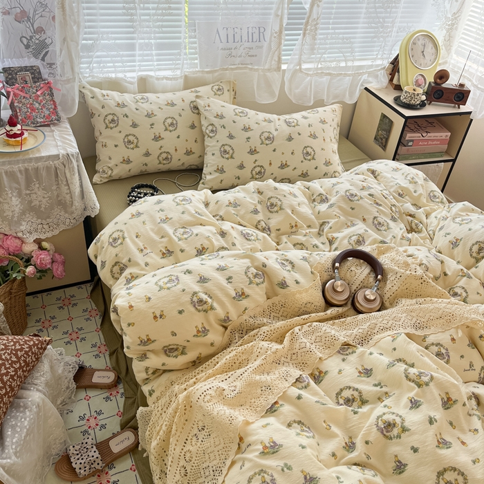 彩韵家纺 2025新款超柔云感m印花双层纱四件套 兔兔诗园