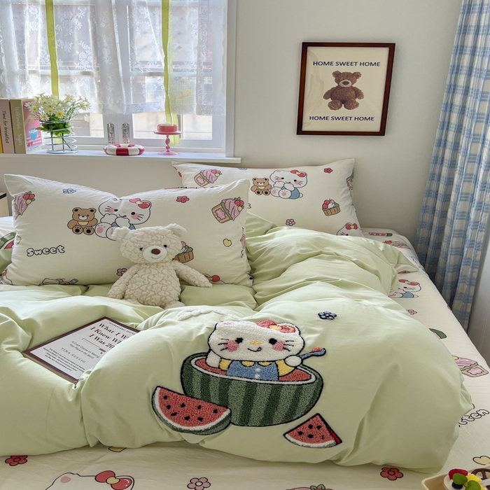 91家纺网 家纺一手货源 找家纺 喜颜 2025新款超柔水洗糯糯棉爆款毛巾绣四件套学生宿舍三件套 西瓜猫咪-浅绿