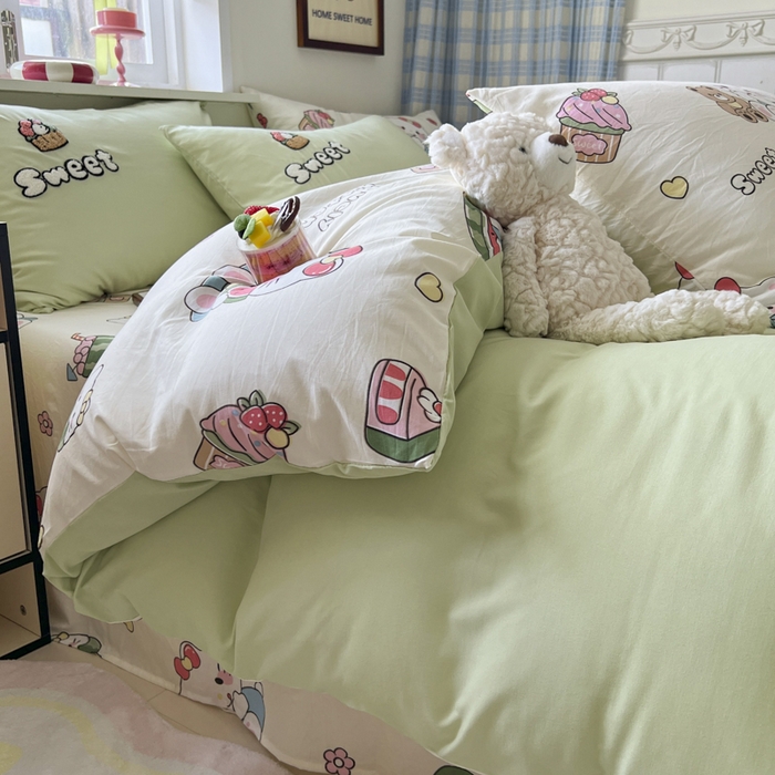 91家纺网 家纺一手货源 找家纺 喜颜 2025新款超柔水洗糯糯棉爆款毛巾绣四件套学生宿舍三件套 西瓜猫咪-浅绿