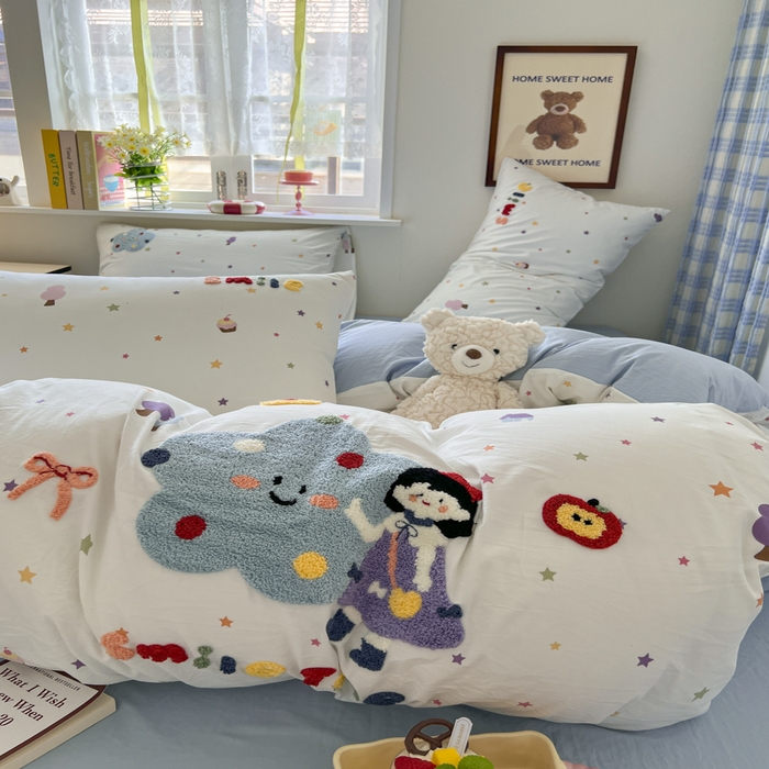 91家纺网 家纺一手货源 找家纺 喜颜 2025新款超柔水洗糯糯棉爆款毛巾绣四件套学生宿舍三件套 彩虹女孩-浅蓝