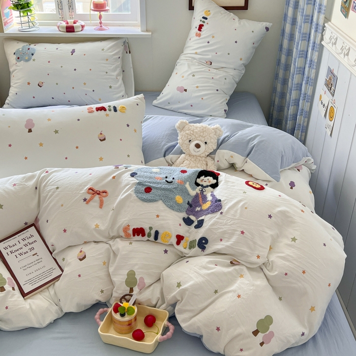 喜颜 2025新款超柔水洗糯糯棉爆款毛巾绣四件套学生宿舍三件套 彩虹女孩-浅蓝