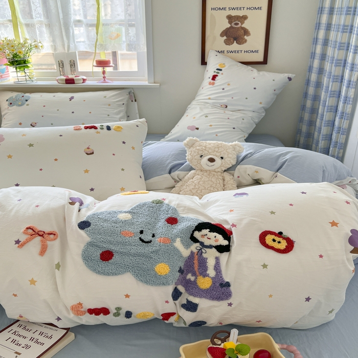 91家纺网 家纺一手货源 找家纺 喜颜 2025新款超柔水洗糯糯棉爆款毛巾绣四件套学生宿舍三件套 彩虹女孩-浅蓝