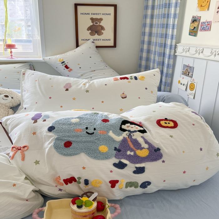 91家纺网 家纺一手货源 找家纺 喜颜 2025新款超柔水洗糯糯棉爆款毛巾绣四件套学生宿舍三件套 彩虹女孩-浅蓝